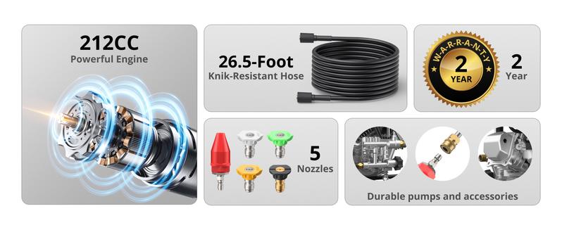 Gas Pressure Washer 3800 PSI 2.5 GPM, 212CC High Pressure Washers 4-Stroke OHV Engine 10-Inch High Wheels with 5 Nozzle Set Include Soap Tank for Cars Fences Driveways Patios Furniture Home(AL1038A)