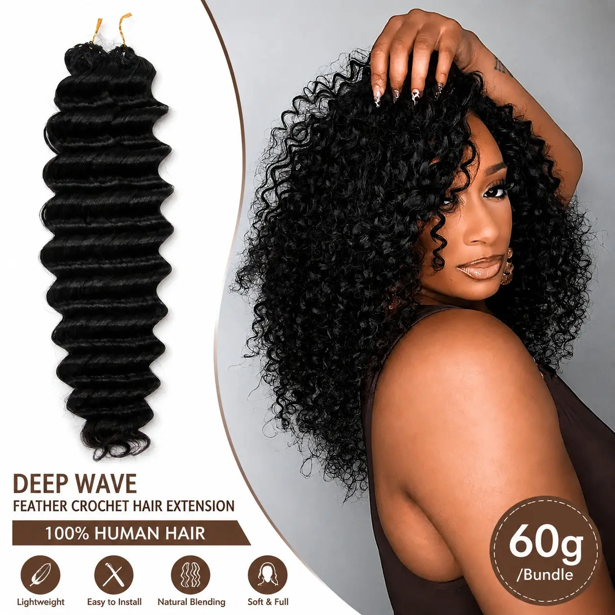 YGwigs #350 Ginger & Natural Black Deep Wave Feather Crochet Hair Extension 100% Human Hair Double Strand for Miracle Knots 60g