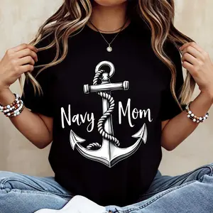 Anchor And Navy Mom Print T Shirt Crew Neck Casual Top For Women Beach Vacation Outfits