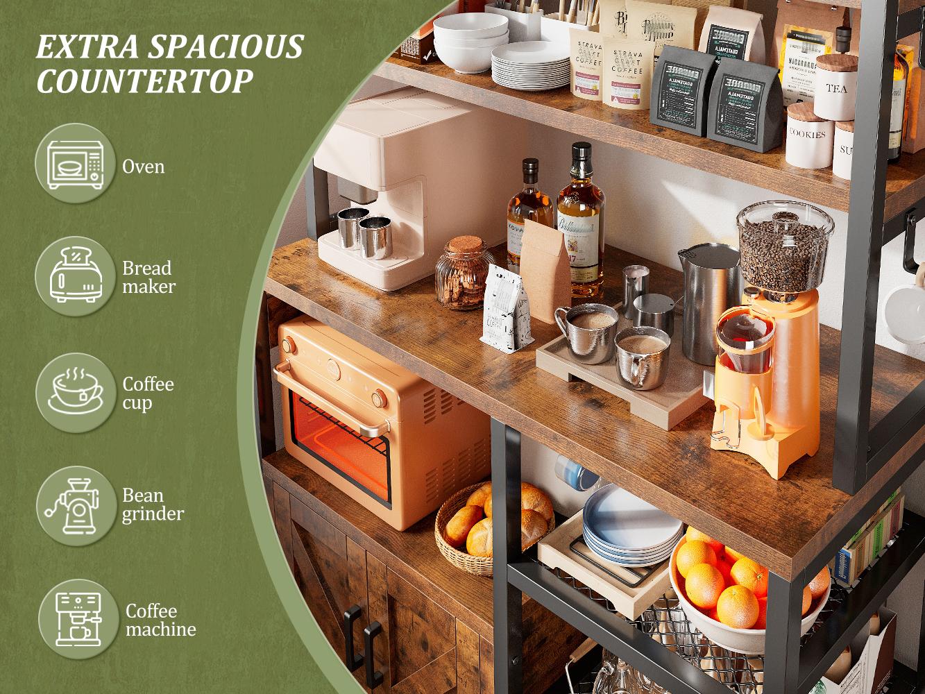 Raybee Bakers Rack for Kitchen with Power Outlet, 6-Tier Microwave Stand with Storage Cabinet, Farmhouse Kitchen Coffee Bar with Side Hooks, Utility Shelf for Kitchen Furniture