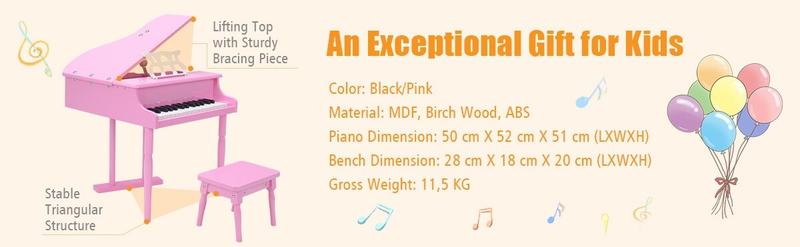 Costzon Classical Kids Piano, 30 Keys Wood Toy Grand Piano with Music Stand and Bench, Mini Musical Toy for Child, Ideal for Children's Room, Toy Room,Christmas Festival Gift Black Friday Cyber Monday