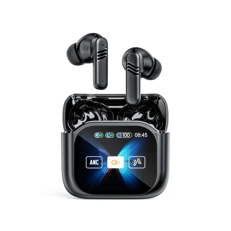 Bluetooth 5.4 Headset with LED Display Noise Cancellation Waterproof Wireless Headphones Touchable Color Screen Built-in Microphone Charging Electronic Earbud Chargeable for Office Sports Study and Audio Calls