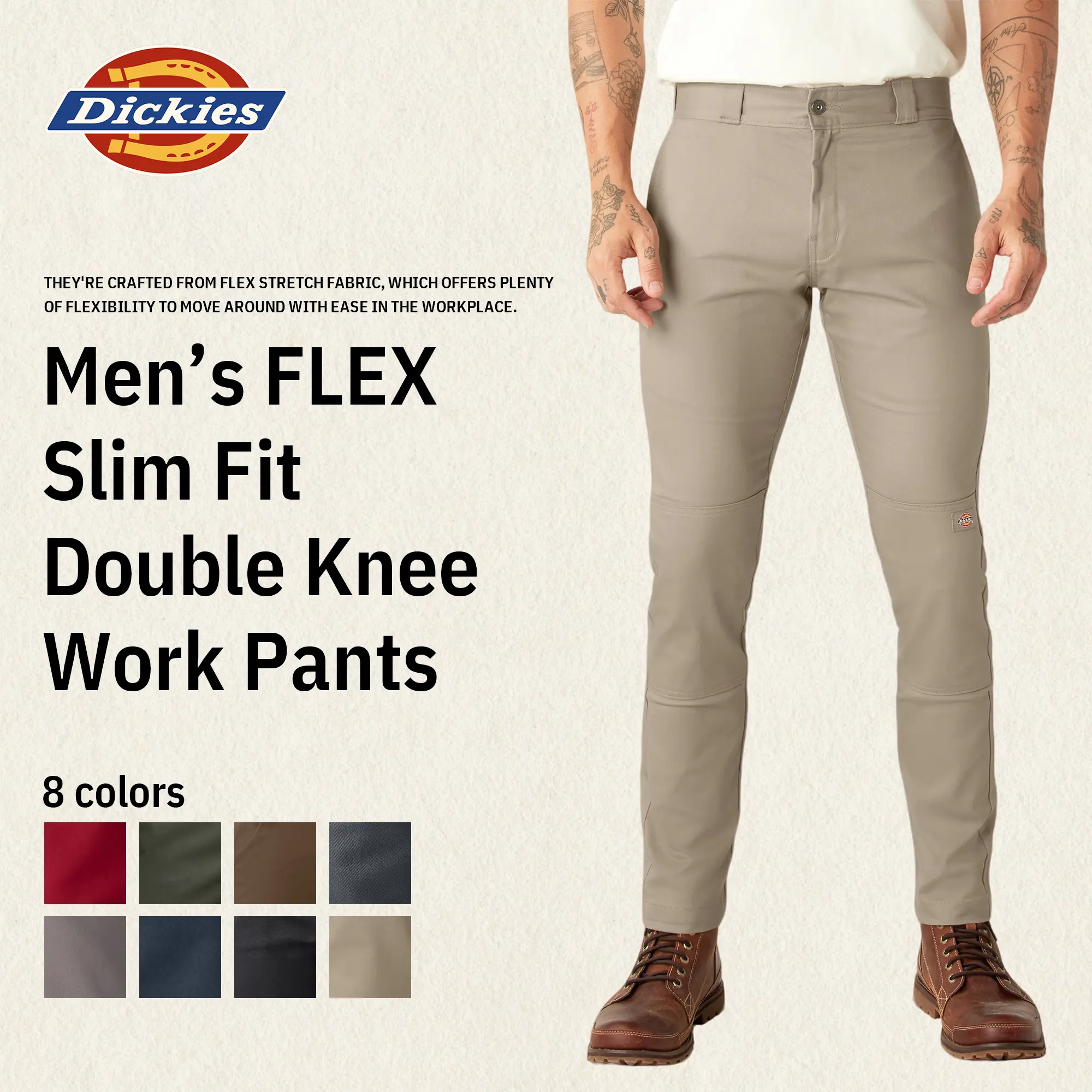 Dickies Men's FLEX Skinny Fit Double Knee Work Pants, Wrinkle-Resistant,Stain- Resistant, Reinforced Knees, Breathable Comfort, Slim Fit