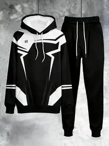 Men's casual sports suit, featuring black and white Spider Man style print design, with a trendy and personalized style. The fabric is comfortable and skin friendly, suitable for daily outings, trendy outfits, and other scenarios