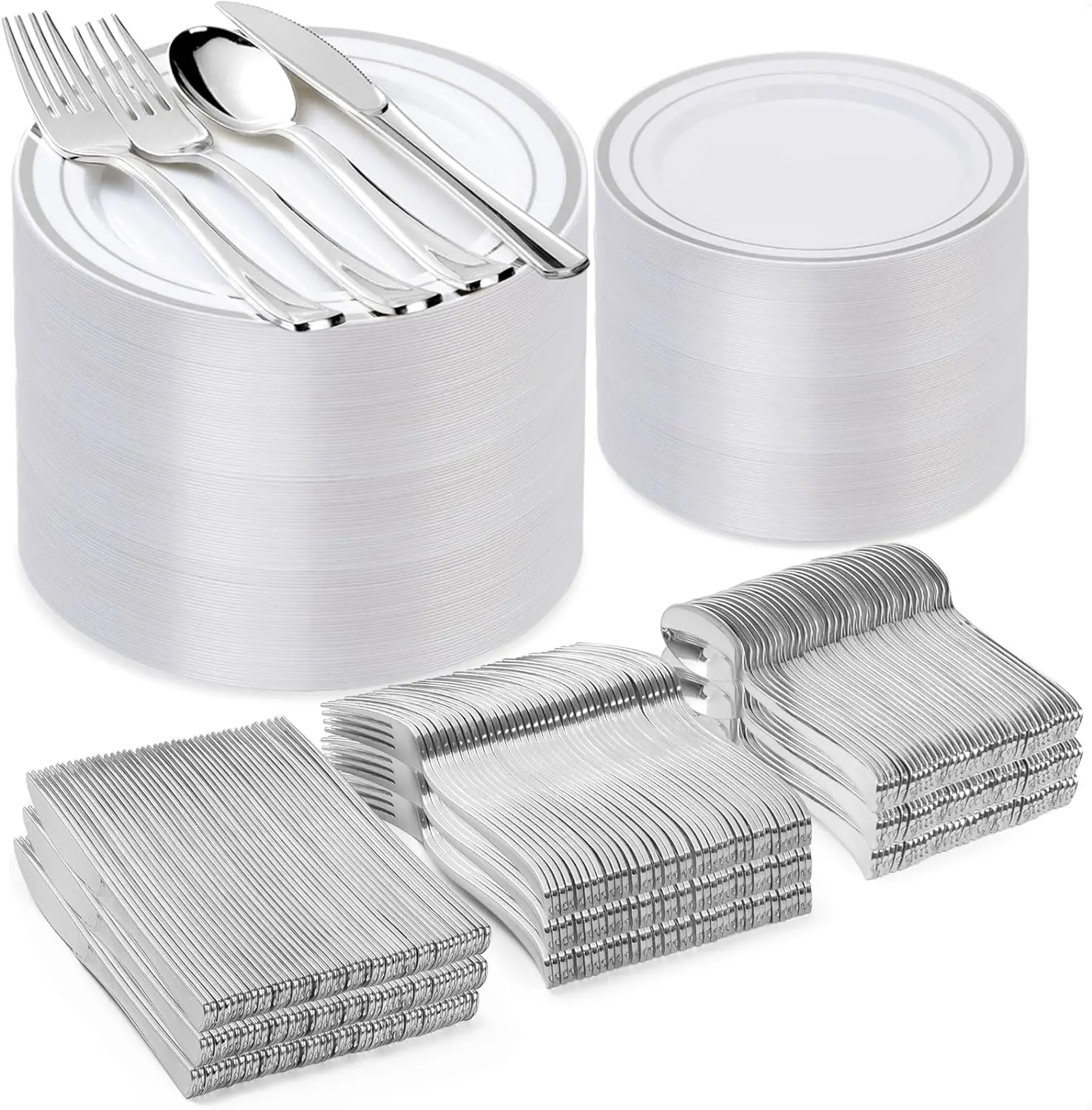 GOODLUCK 600PCS Silver Disposable Round Plastic Plates Full Set with Knives (100 Guests) for Party Dining & Multi-Events, Home & Festive Supplies, Round Plates