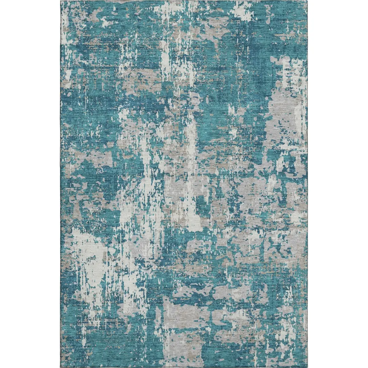 HomeRoots 679157 3 x 5 ft. Teal, Gray & Ivory Abstract Transitional Washable Machine Made Rectangle Area Rug with UV Protection