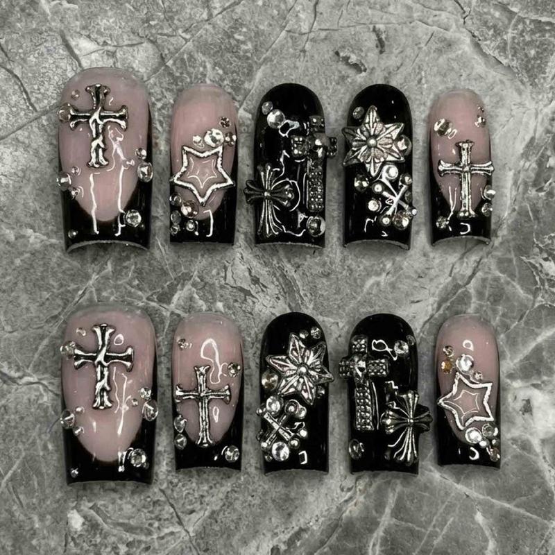 Handmade Y2K Grunge Press On Nails | Silver Cross, Star, French Tip | Medium Square For Emo Baddie Vibes