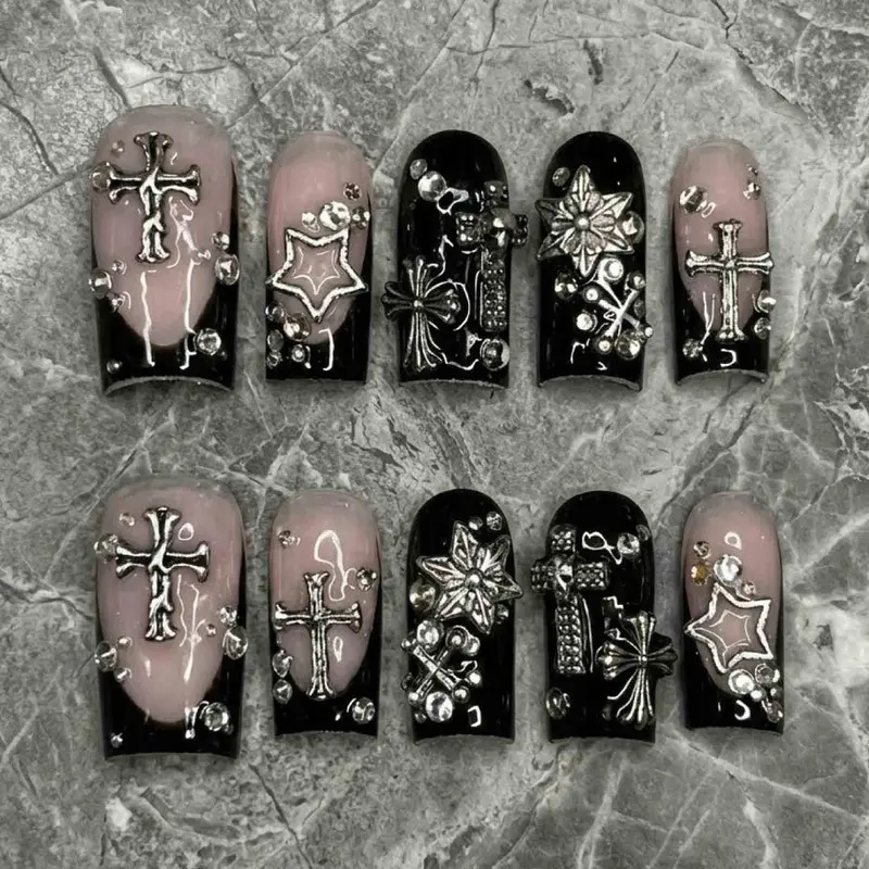 Handmade Y2K Grunge Press On Nails | Silver Cross, Star, French Tip | Medium Square For Emo Baddie Vibes