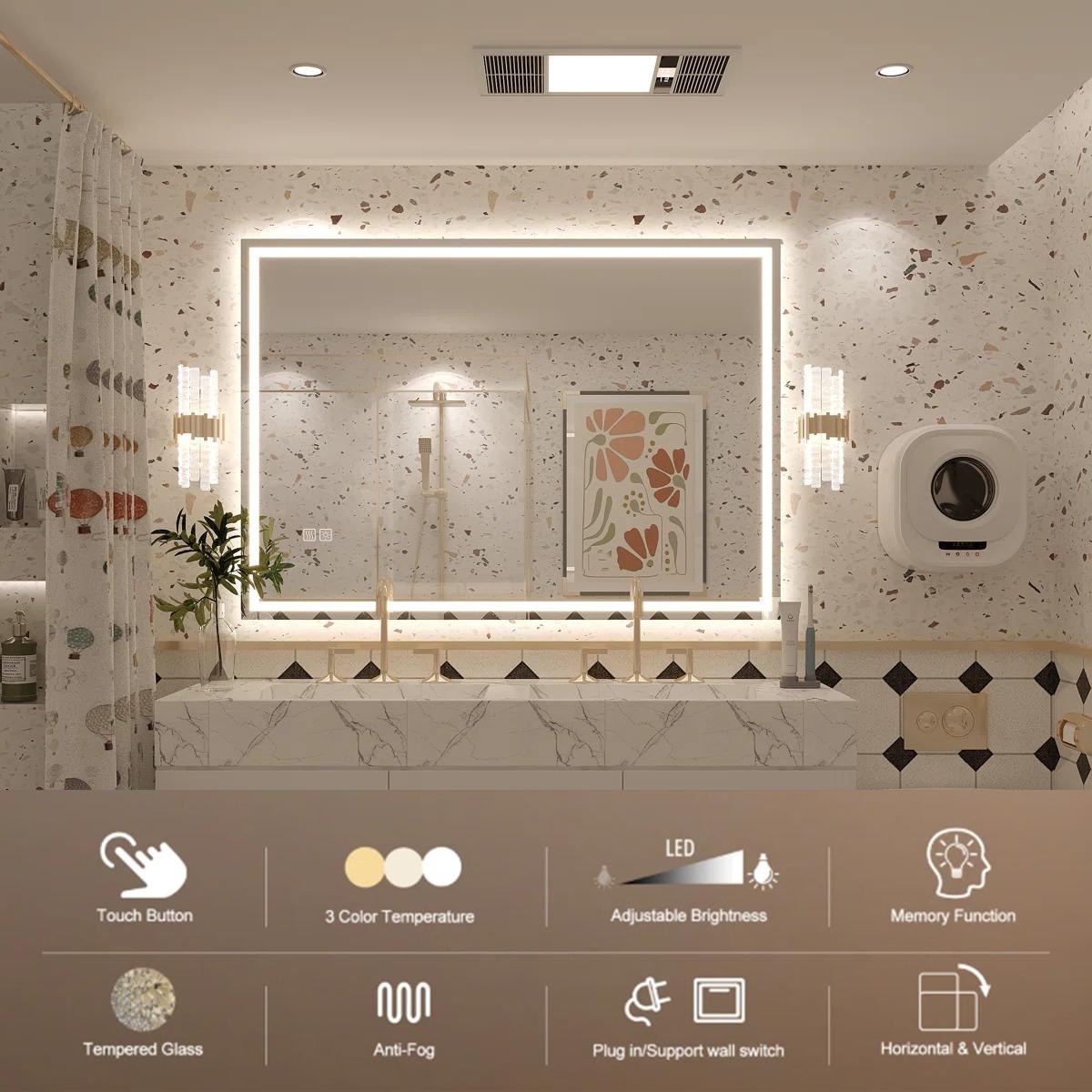 GALENTAL 48x32 LED Bathroom Mirror with Lights, Over Sink Vanity Mirror, Dimmable Touch Control 3-Color, Options Wall Mounted, Defoggin, Memory, Timing, Tempered Glass Modern White Decor Home Interior