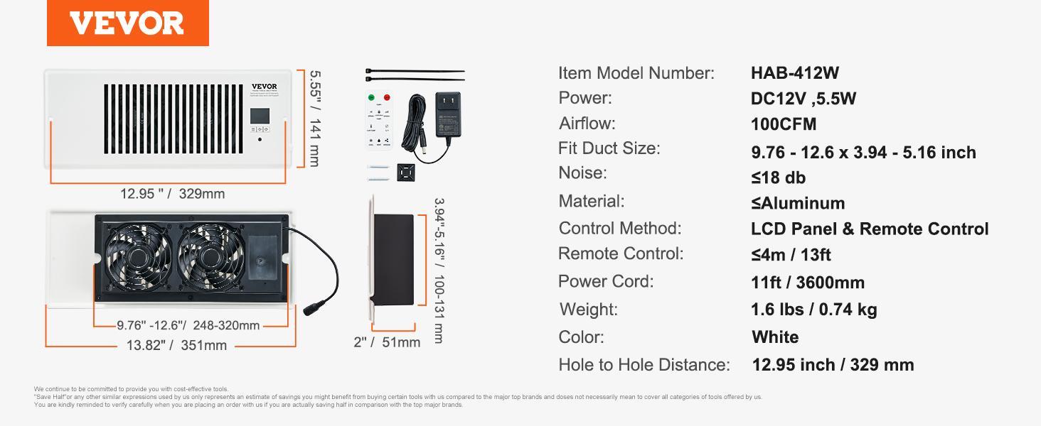 VEVOR Register Booster Fan, TikTokShopBlackFriday, Quiet Vent Booster Fan Fits 4” x 12” Register Holes, with Remote Control and Thermostat Control, Adjustable Speed for Heating Cooling Smart Vent, White