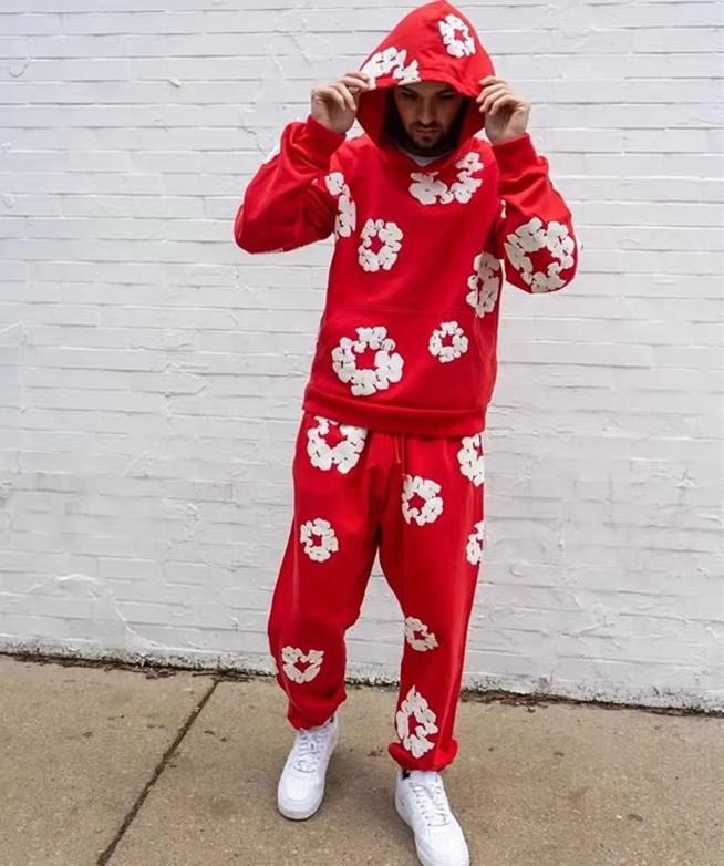 DENIM TEARS Brand Hot Selling New Fashionable Cotton Foamprinted Hoodie European and American Trendy Men's Sportssuit Pink Floral Design with Hood and Drawstring