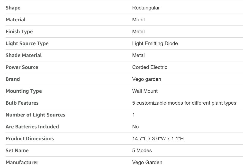Vego Garden Full Spectrum LED Grow Light for Indoor Plants with 5 Modes for Seed Starting Leafy Herbs Fruits & Microgreens Modern Polycarbonate Greenhouse Home Use