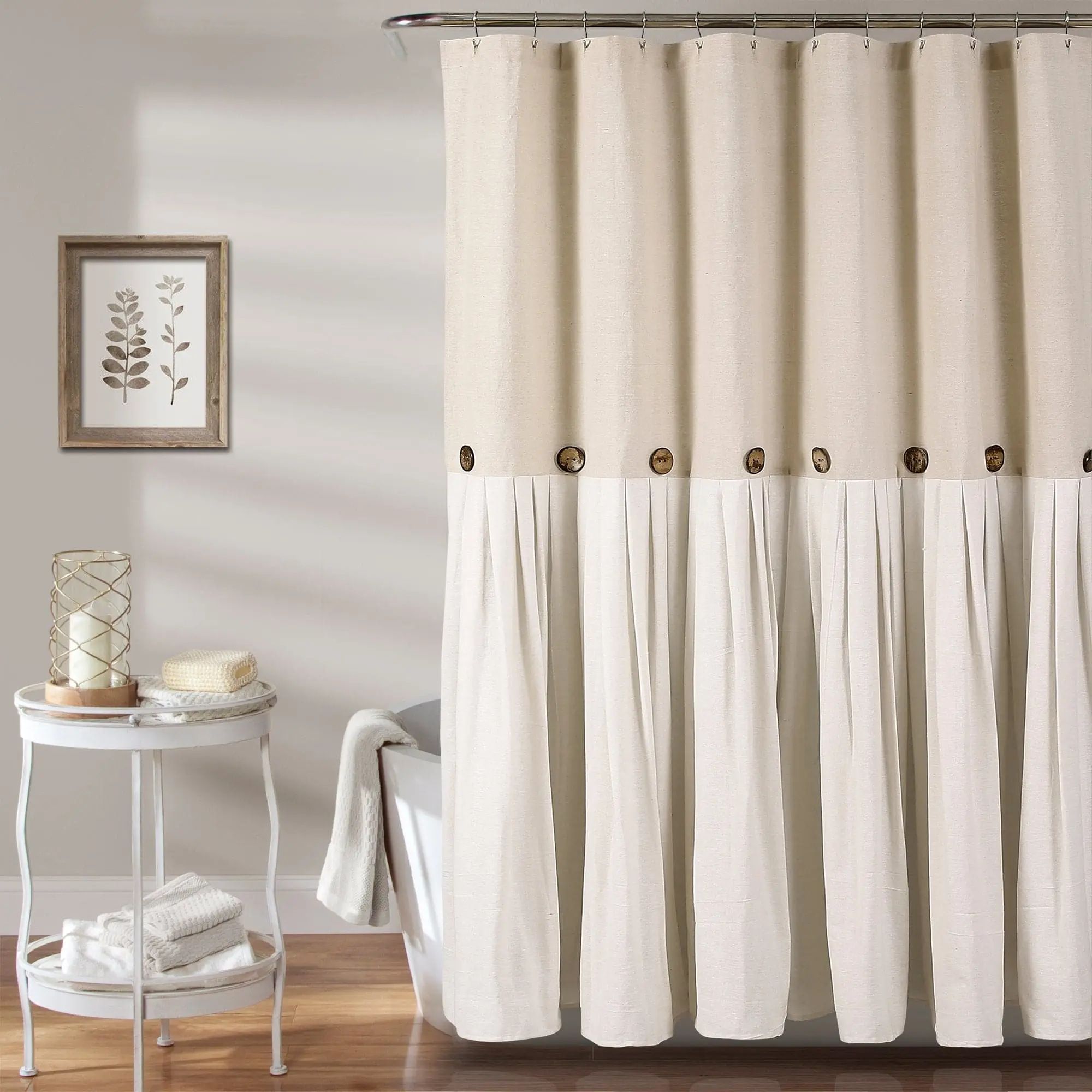 Lush Decor Faux Linen Solid Button Decorative Shower Curtain - Machine Washable, Tumble Dry, Relaxed Appearance, Simple Design with Button Details - Ideal for Home Bathrooms
