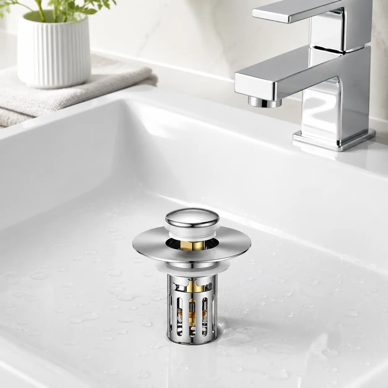 Bathroom Organization Tool 2-in-1 Pop-Up Sink Stopper with Stainless Steel Filter, Removable Drain Cover, Stops Clogs, Odors, Fits All Sinks