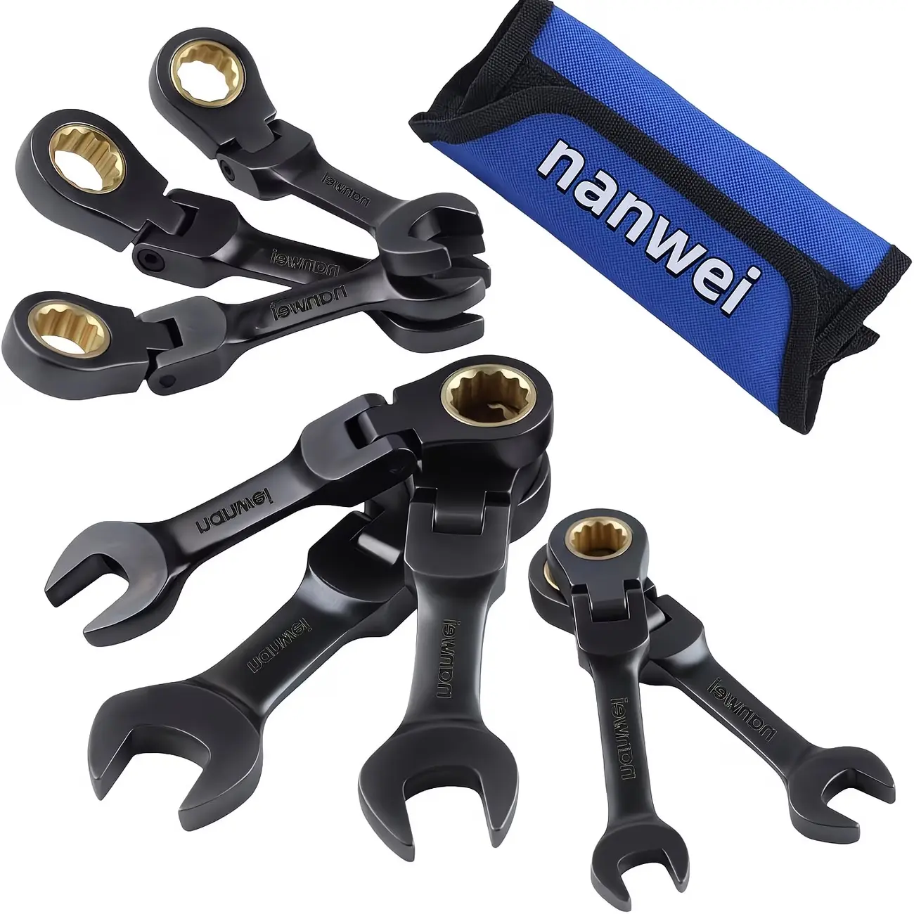 【sohochic】8-Piece Short-End Ratchet Wrench Set, Metric/SAE Standard (8-19mm), 72-Teeth Chromium-Vanadium Steel, Black Nickel Plating, Molded Bag Included, Ideal for DIY Use