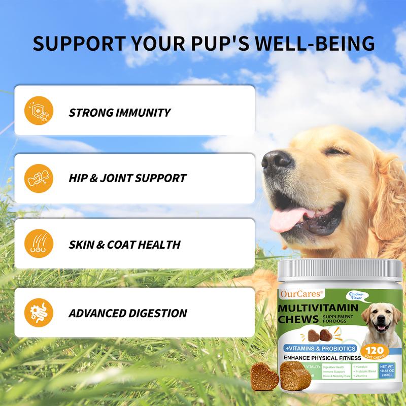 OurCares Dog Multivitamin Supplements 120 Count Dog Multivitamin Chewable  Immune Joint Support Skin Gut Health Glucosamine & Probiotics - Safe for Senior & Puppy Multivitamin - Chicken Flavor Pet Daily Chews Snacks