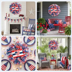 4th of July Independence Day Wreath, 24 Inch Striped Star Red White Blue Wreath, Indoor Outdoor Front Door Porch Wall Window Decor