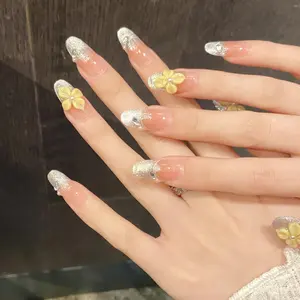 3d Yellow Flower Nail,Cute Light Pink Oval Nail,Glitter Silver Cat Eye French Tip Nail,Handmade Press on Nail,Spring Floral Nail