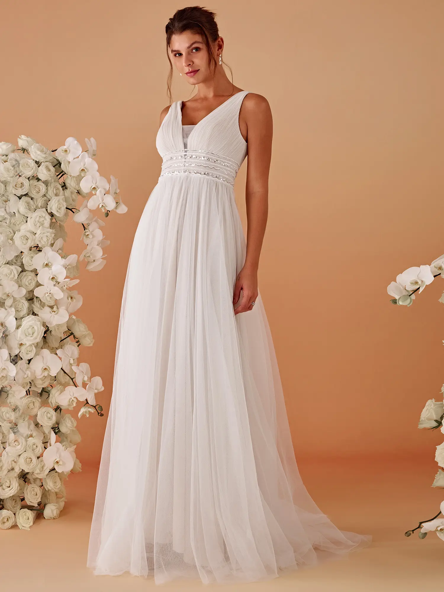 Ever-Pretty Vintage Sleeveless Lace Sheer Empire Waist A-Line Unique Colored Wedding Dress Tulle Elegant Fabric Women's Summer Fit Garment Style Zipper Closure 0096