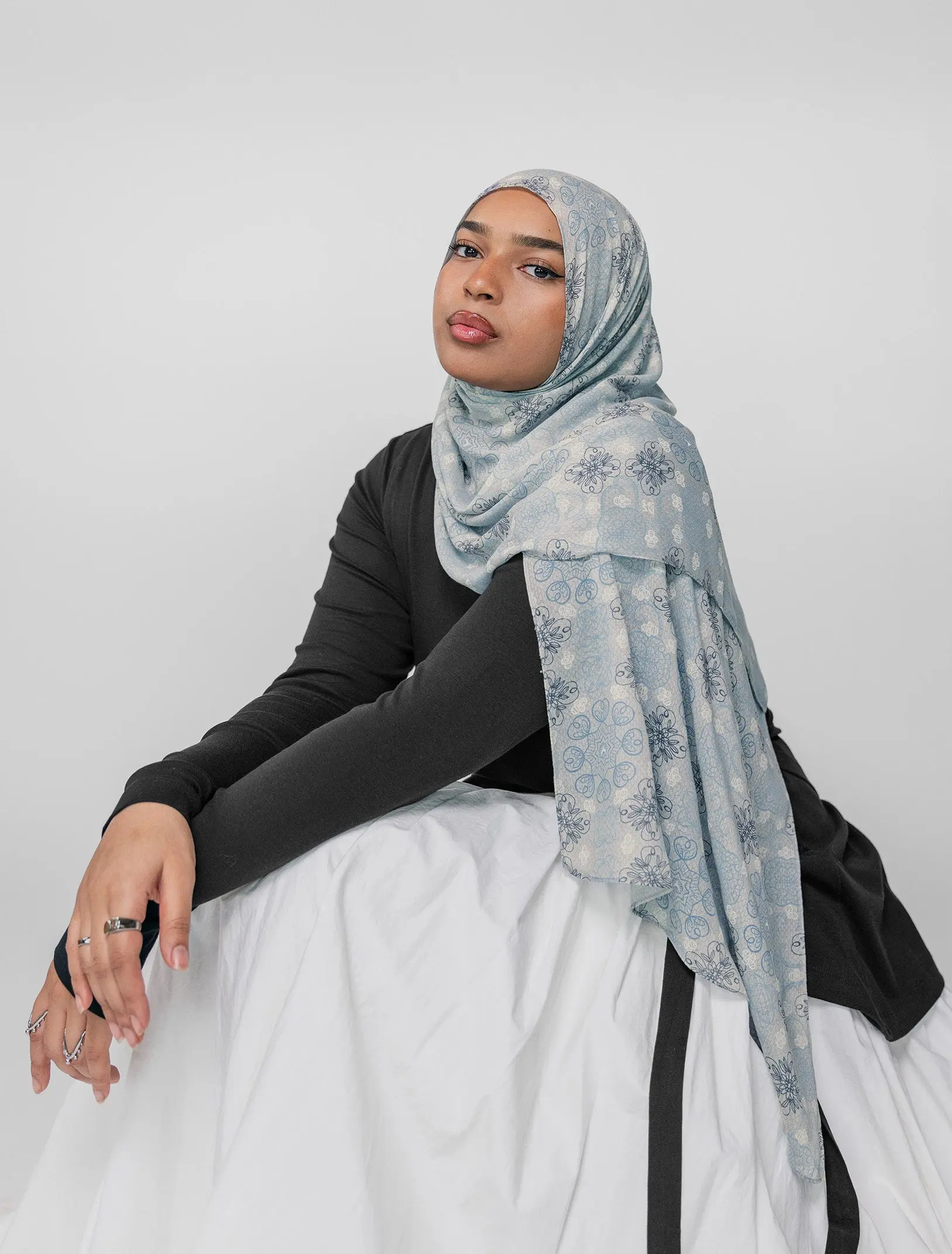 VELA Women's Modest Luminous Silver Geometric Mosaic Lace Print Modal Square Hijab - Breathable Head Scarf, High Coverage Head Wrap for Evening Muslim Islamic Fashion, Lightweight Hand Wash Only Scarf, Modesty