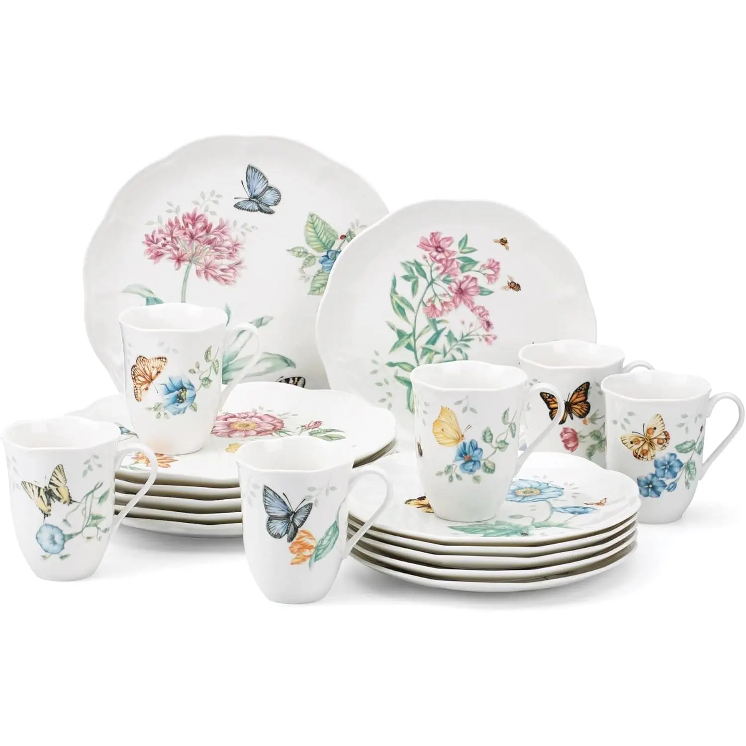 Lenox Butterfly Meadow 18-Piece Porcelain Dinnerware Set - White, Scalloped Edge, Floral Motifs, Microwave-Safe, Mix-Matching, 25th Anniversary Gift, Model 6342794, Six Places
