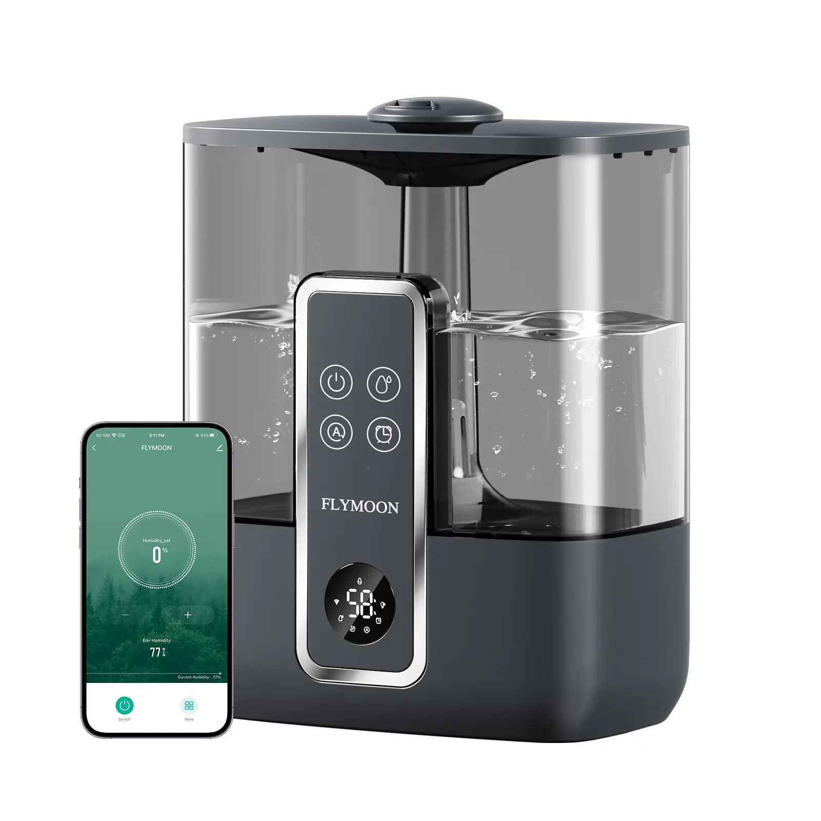 Flymoon 5L (1.32 gal) Large App-Controlled Smart Humidifier - Silent 28dB Cool Mist, WiFi Remote Control, Touch Screen, Top Fill, 3 Mist Levels, 12H Timer, Breathe Better Support for Babies, Bedroom (Humidity Adjustment)