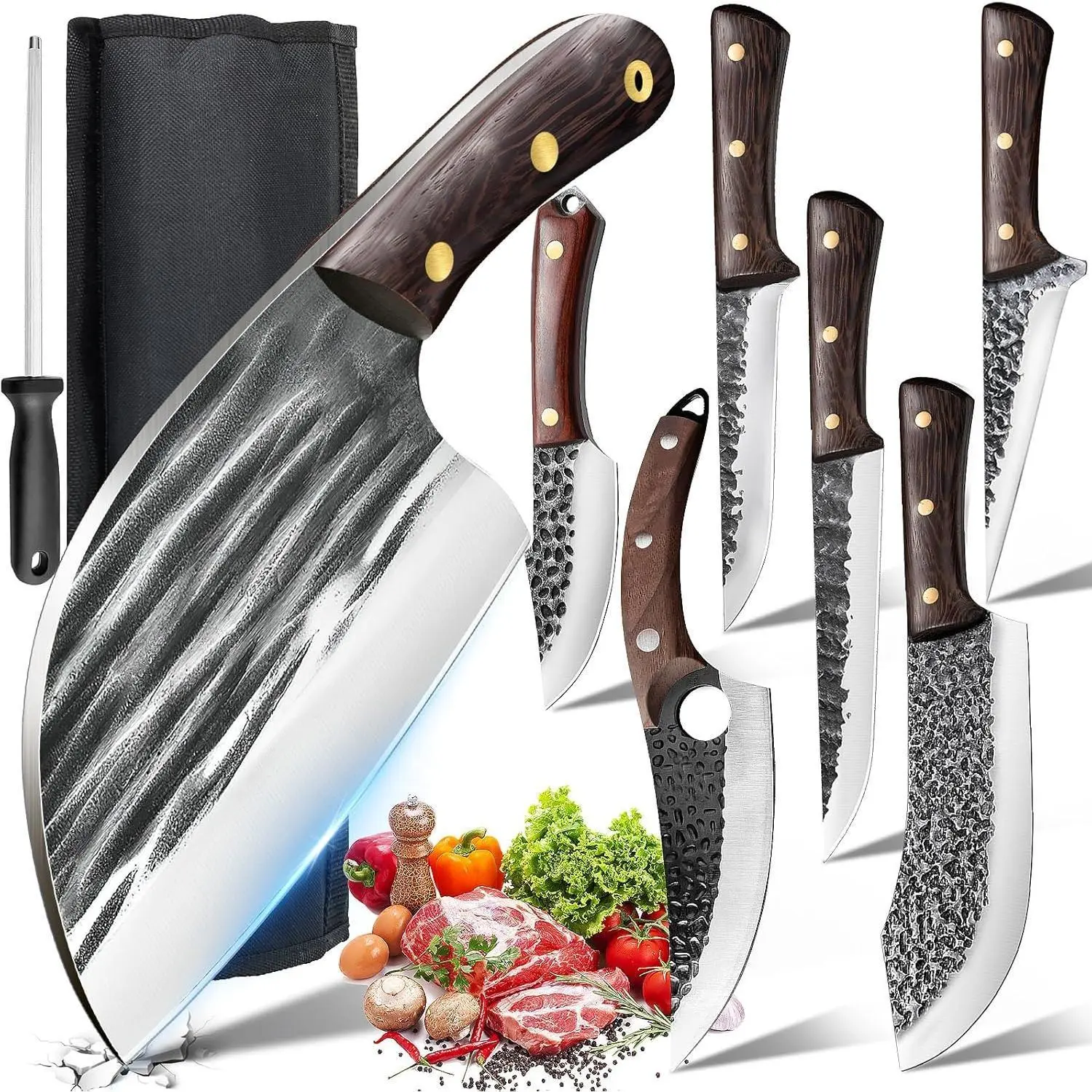 【BackToSchool】8 Pieces Butcher Knife Set with Roll Bag, Butcher Knife Set for Meat Cutting, Professional Meat Knife Set, Handmade HAND FORGED DAMASCUS STEEL CHEF KNIFE Set Kitchen Knives, Best Gift!