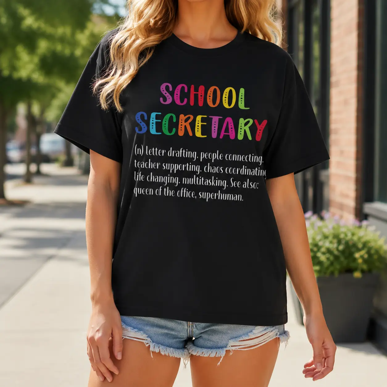Rainbow Multicolor Letter School Secretary Funny Definition Quote Graphic T-Shirt, Unisex Oversized Tshirt Women School Office Staff Back To School Casual Short Sleeve For Men Women
