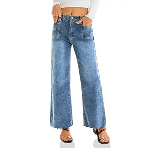 Cicy Bell Women's High Waisted Cropped Jeans Trendy Stretchy Baggy Straight Leg Raw Hem Capri Denim Pants Streetwear