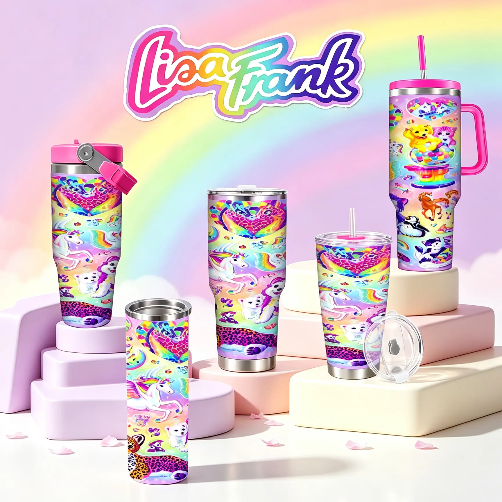 Lisa Frank Style Rainbow Unicorn Animal 40oz/30oz/20oz Tumbler With Handle, Bright Colorful Nostalgic 90s Full Wrap Stainless Steel Insulated Cup, Retro Y2K Rainbow Fantasy Travel Mug, Fun Nostalgia Gift For Women Girls Leopard Leopard Print Water Bottles