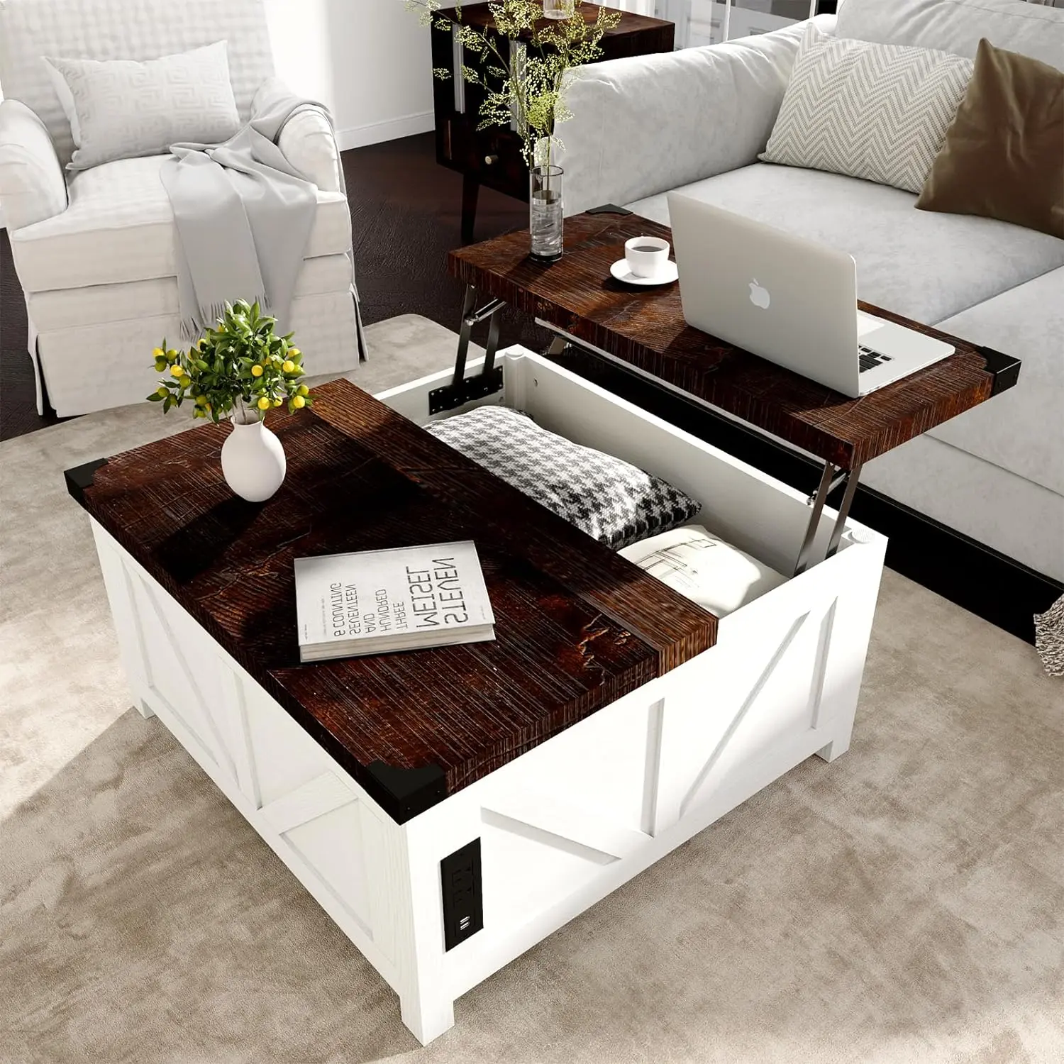 Farmhouse Lift Top Coffee Table with Storage, Wood Square Center Table with Charging Station&USB Ports, Living Room Central Table w/Large Hidden Space, for Living Room, Bedroom, Home Office,dorm essentials,home decor