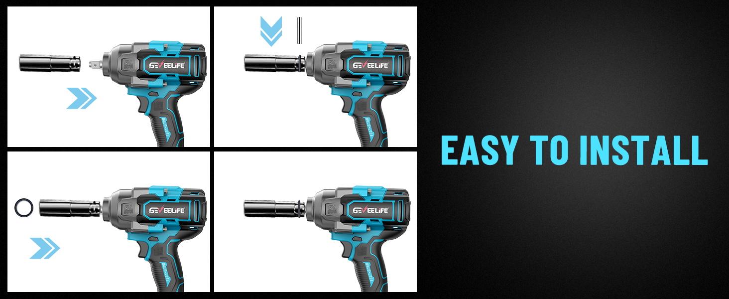 GEVEELIFE 1200NM Cordless Impact Wrench 900FT-LBS for Automobiles Trucks 2x 4.0Ah Batteries Fast Charger 3000RPM 5 Sockets 1 Extension Bar High Torque Power Tool