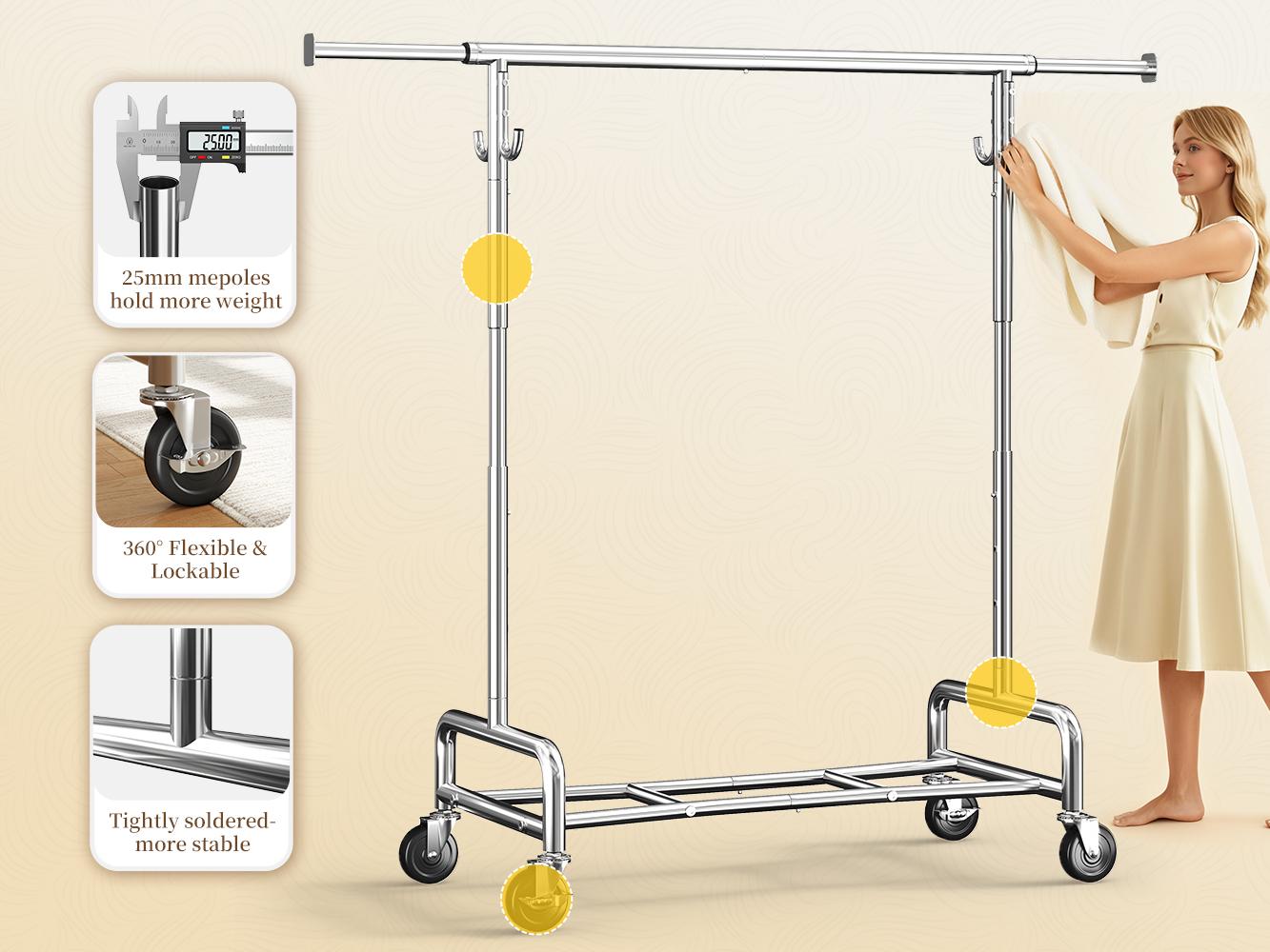 Raybee Heavy Duty Clothes Rack Load 450 LBS, Clothing Racks for Hanging Clothes Rolling Garment Rack with Wheels & Shelf,Portable & Adjustable Coat Rack ,Chrome, Golden
