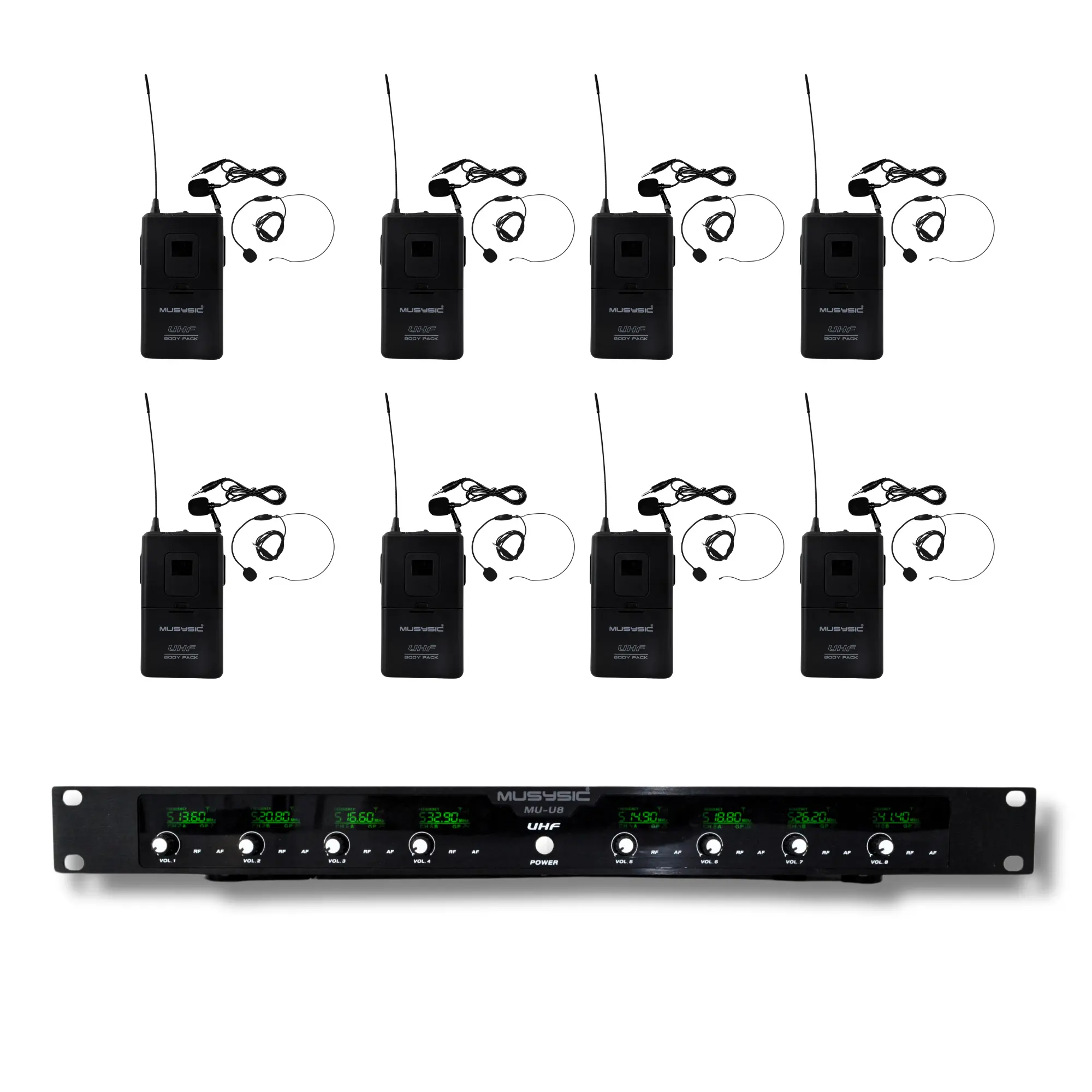 MUSYSIC MU‑U8‑LL Professional 8‑Channel UHF Wireless Lavalier Microphone System – Eight Bodypacks, Long‑Range, LCD Displays