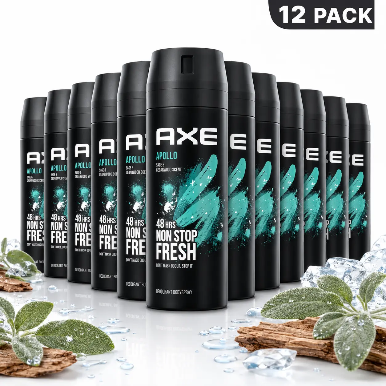 AXE Apollo Herbal Scent Body Spray Deodorant 12 Pack Bulk (5oz/150ml) - Sage & Cedarwood Daily Fragrance, 48-Hour Odor Control, Male Athlete & Teenager Body Care Body Deodorizer Cosmetic Aroma