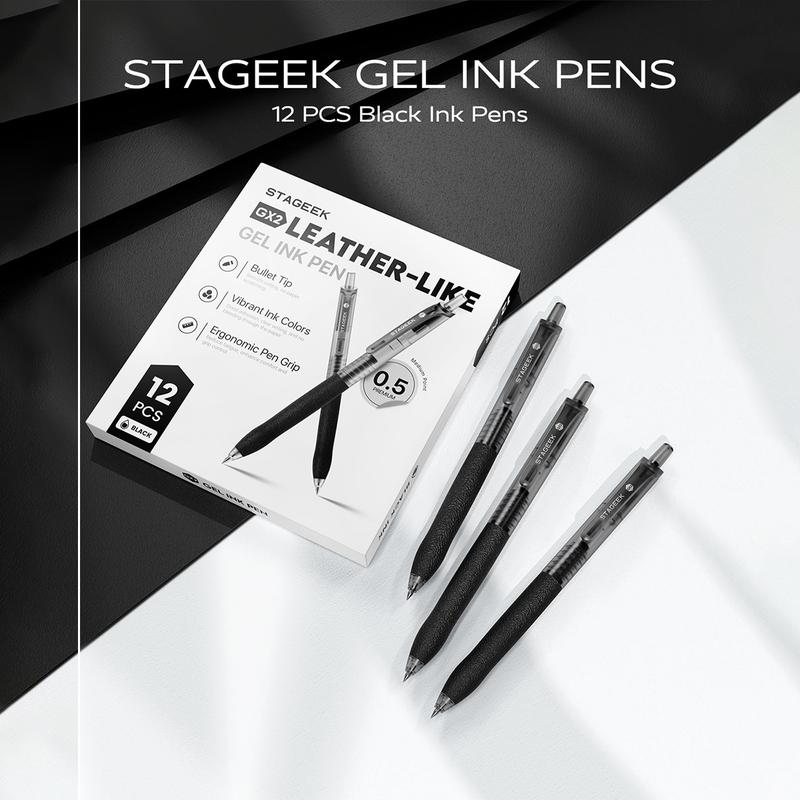 STAGEEK 12PCS Black Ink Pens,0.5mm Gel Pens Fine Point Smooth Writing Pens,Retractable Leather-Like Black Gel Pens, Business Gel Pen for Journaling, Writing, School, Office Use &Students Stationary College Essentials Back To School ,Teacher(Black,Blue)