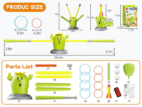 Borledor 4-in-1 Remote Control Cactus Toy Set - Musical Bouncing Game with Ring Toss, Baseball, and Rocket Launcher, Perfect for Thanksgiving Family Fun, Active Play Indoors and Outdoors for Ages 3 and Up