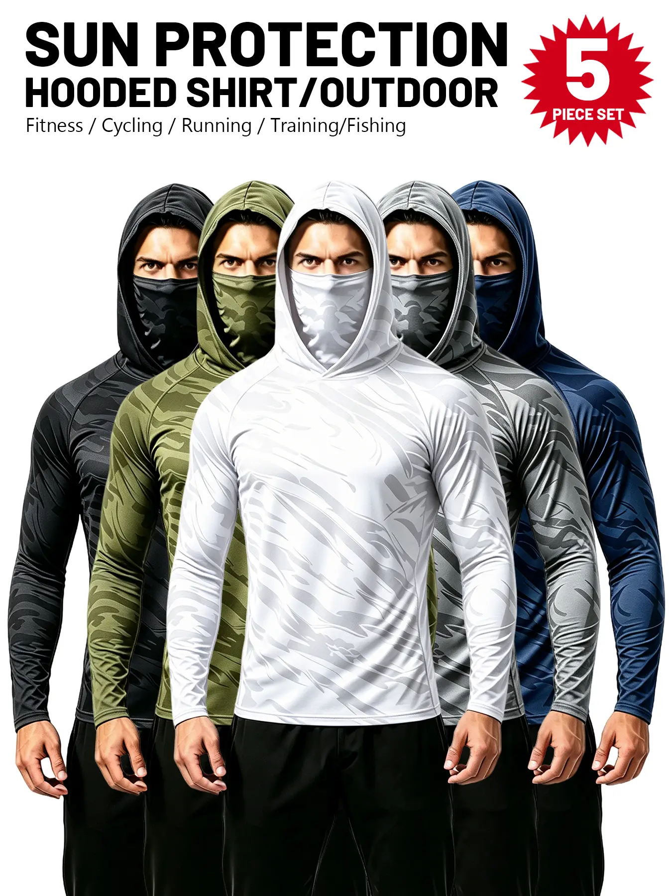 5 Pack Men's Sun Protection Long Sleeve Hooded Shirts, 4-Way Stretch Quick Dry Compression Work Shirt with Built-in Face Mask & Neck Gaiter, UV Protection for Fishing Cycling Gardening Outdoor Work Dry Fit Active Polyester Polyester Polyester
