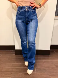 Risen Selena Tummy Control High-Rise Double Button Raw Hem Bootcut Dark Wash Blue Jeans