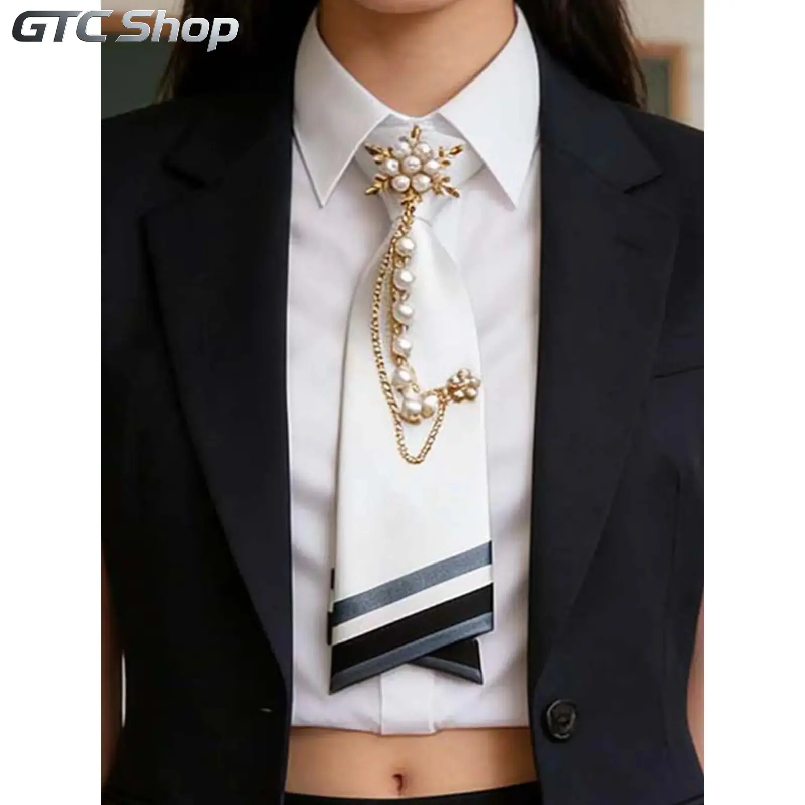 Pre-Tied Casual Elegant Tie - Smooth Satin Necktie with Imitation Pearl & Metal Accents, School Uniform & Classic Shirt Match, Ideal for Graduation & Formal Occasions