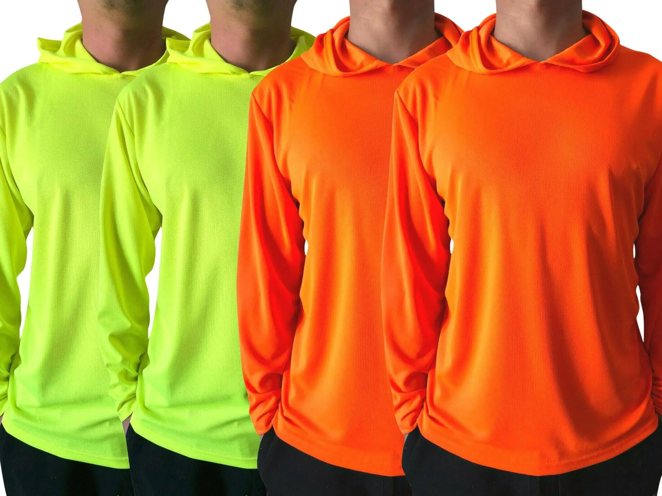 Men's 4-Pack Hi-Vis Hooded Long-Sleeve Safety Shirts - Quick-Dry Polyester Mesh, Ultra-Lightweight Reflective Pullovers, All-Season Construction Workwear, Safetyequipment, Moisture-Wicking, Maximum Mobility, High Visibility Shirts