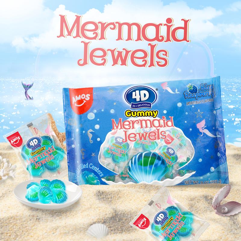 Amos 4D Gummy Mermaid Jewels - Blue Raspberry Flavor, Jelly-Filled Chewy Fruit Snacks, Gluten-Free, Resealable Bags, Healthy Exotic Sweet Treats - Bite