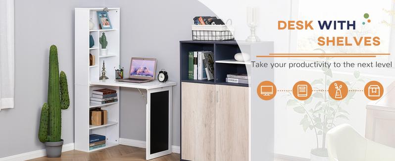 HOMCOM Fold-out Convertible Writing Table Wall Mount Desk Cabinet with Blackboard and Side Shelf Multi-Function Home Office Workstation