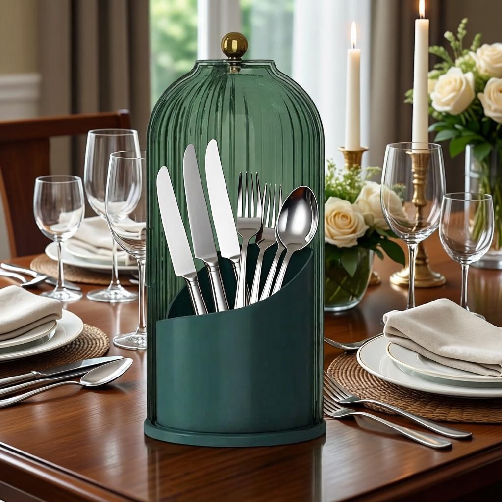 Utensil Holder with Lid 360 Rotating Clear Dustproof Cutlery Organizer for Kitchen Countertop Modern Tableware Storage Elegant Design