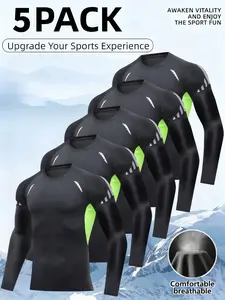 5-piece men's sports top set, crew neck striped shapewear, breathable, quick-drying and sweat-wicking, casual sports long-sleeved top, suitable for sports fitness, running, football, basketball, a great gift for family.