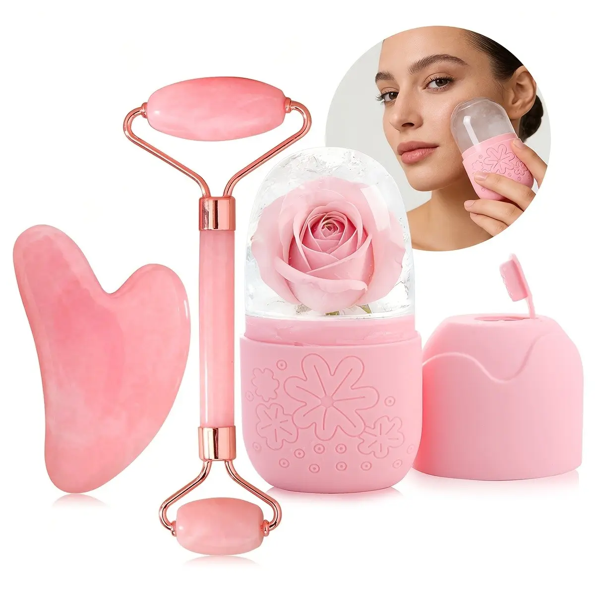 3-Piece Facial Ice Roller, Jade Roller and Gua Sha Set, Cooling Face Massage Tools, Face Massagers for Face, Eyes, and Neck Skin Care