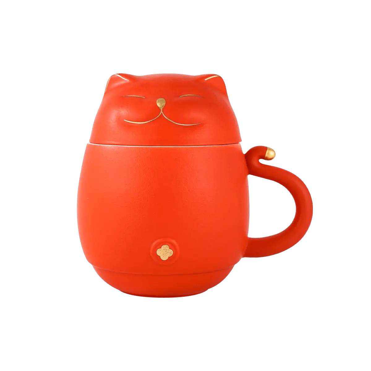 Japanese Lucky Cat Mug with Infuser and Lid - Red Maneki Neko Ceramic Tea Cup 4.5" H x 4.75" W Japanese Lucky Cat Mug with Infuser and Lid - Red Maneki Neko Ceramic Tea Cup 4.5" H x 4.75" W
