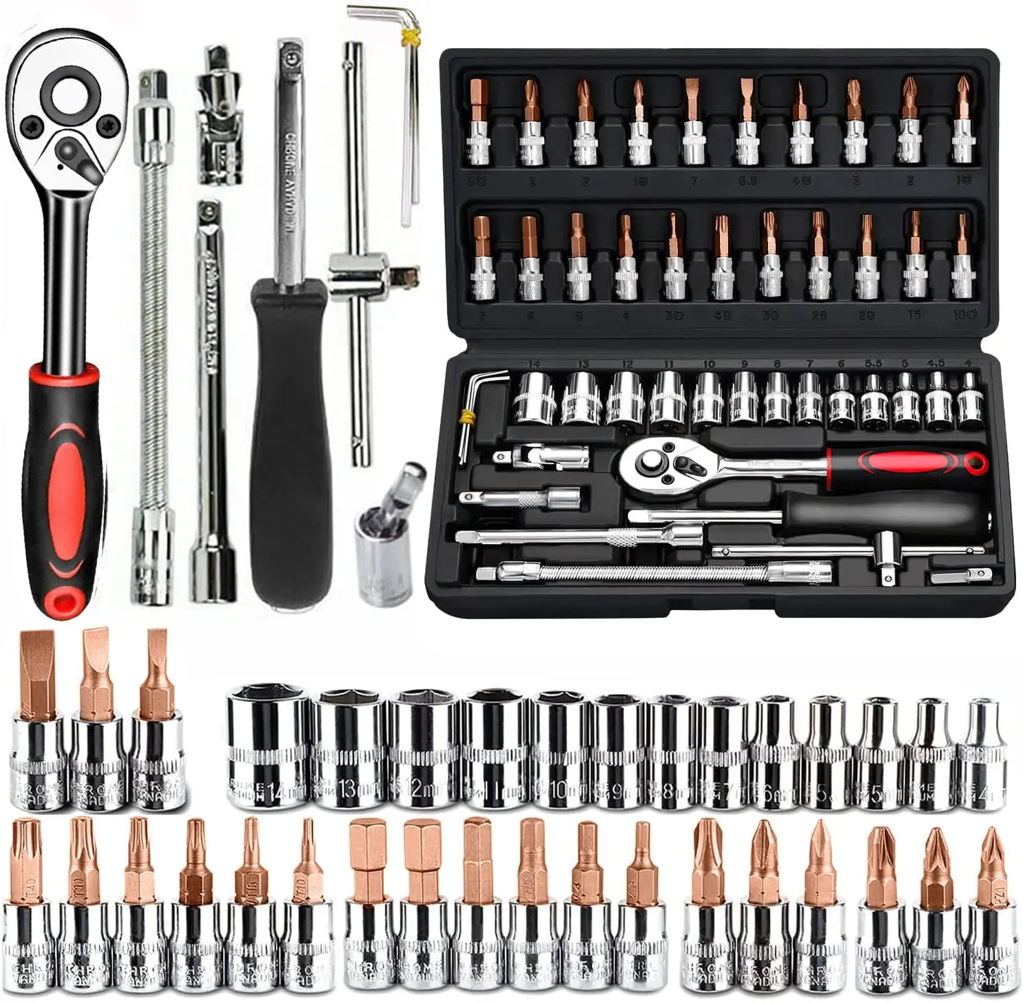 46pcs Mechanics Tool Set and Socket Set, Various specifications, Socket Wrench Diy Repair Tool Kit, Ratchet Screwdriver Compatible with Car Repair & Bicycle Repair, Hardware Toolbox Compatible with Auto Repairing & Household, Gift for Husband