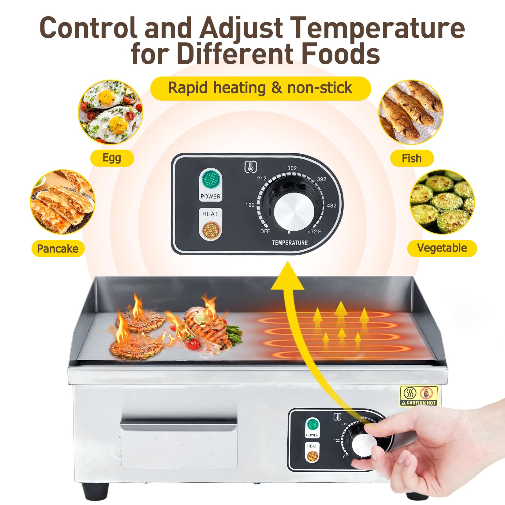 【GARVEE】Commercial Electric Grills in 14, 18, 22, and 30-inch Sizes with 1500W to 3000W Power, Non-Stick Stainless Steel Surface, and Adjustable Temperature Control from 122°F to 572°F for Home and Restaurant Use