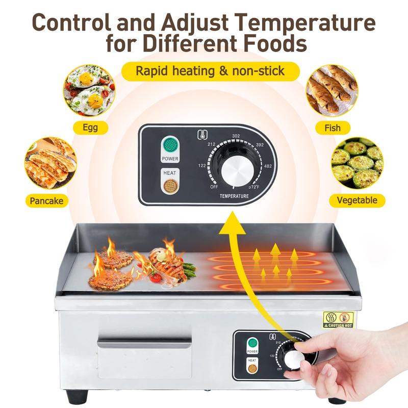 【GARVEE】Commercial Electric Grills in 14, 18, 22, and 30-inch Sizes with 1500W to 3000W Power, Non-Stick Stainless Steel Surface, and Adjustable Temperature Control from 122°F to 572°F for Home and Restaurant Use